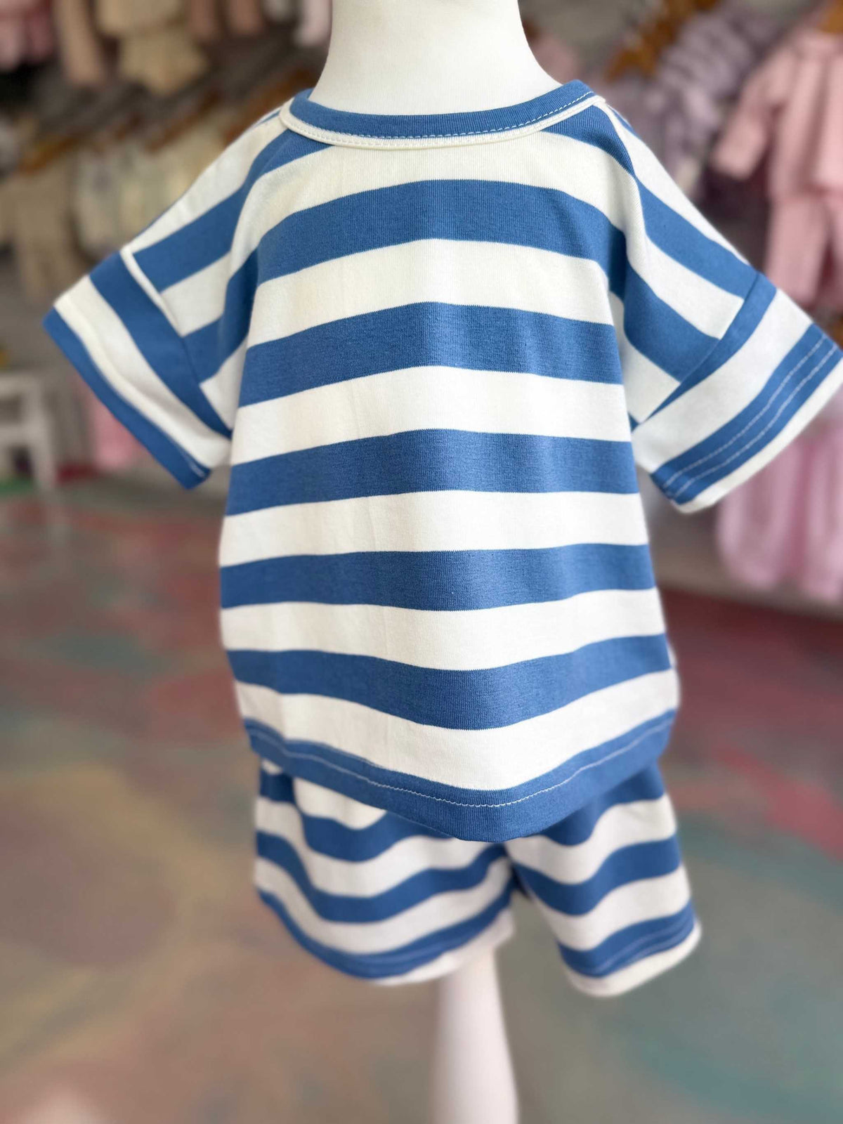 Blue stripe shorts set